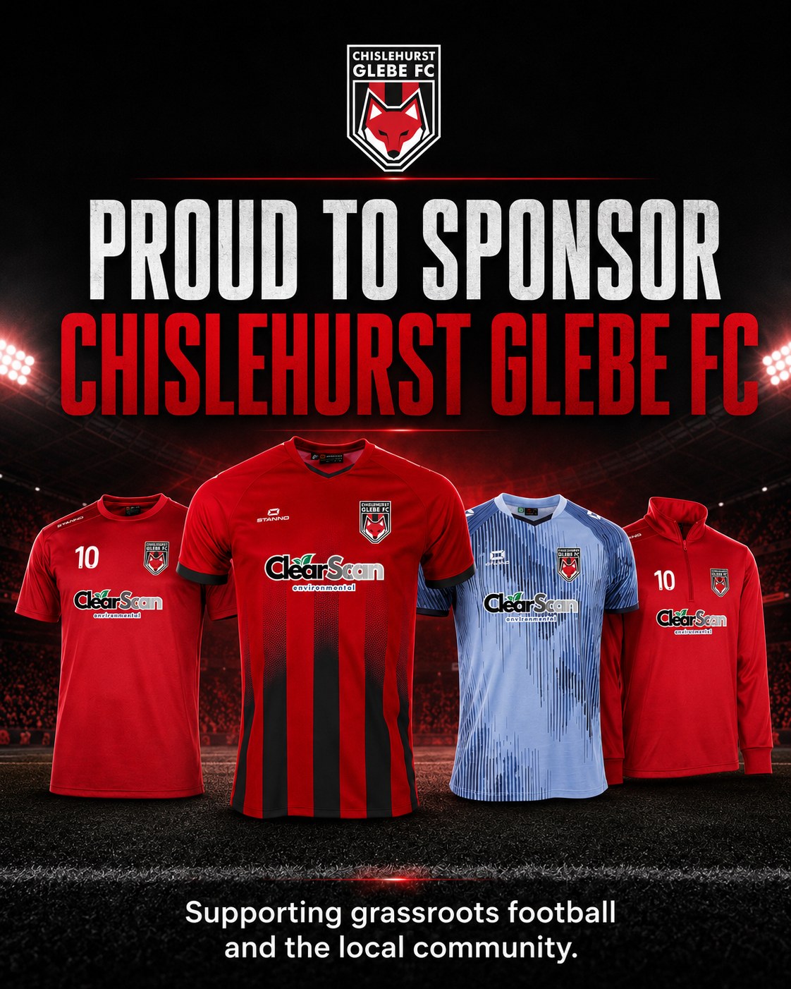 Proud to Sponsor Chislehurst Glebe FC graphic showing the club crest and red, black and light blue team kits carrying the Clearscan Environmental logo